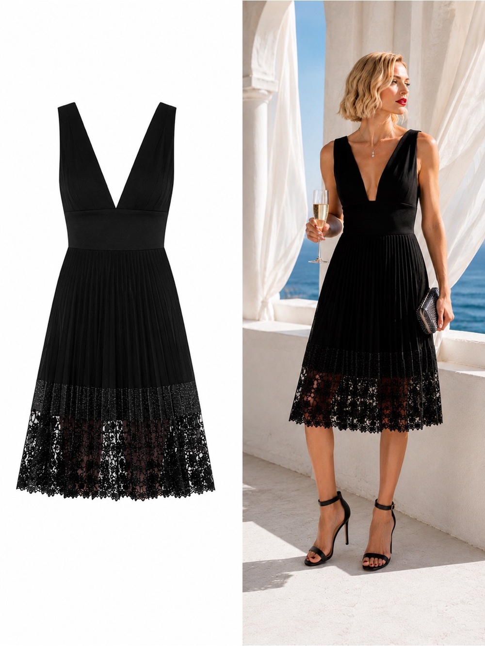 Helsi Nicole Plunge Neck Pleated Lace Sequin Midi Dress Large Evening Cocktail